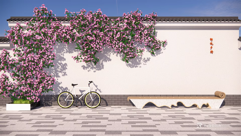 Pink Flowering Vines Growing On White Wall With Bicycle Leaning Against Paved Ground Under Blue Sky 3d model 