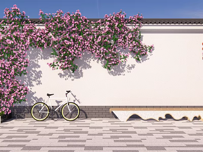 Pink Flowering Vines Growing On White Wall With Bicycle Leaning Against Paved Ground Under Blue Sky 3d model