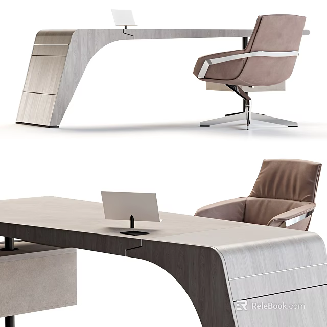 Modern Office Desk With Smooth Wooden Surface And Comfortable Leather Chair 3d model 