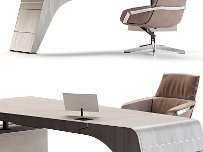 Modern Office Desk With Smooth Wooden Surface And Comfortable Leather Chair 3d model