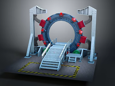 Cartoon Scene Featuring Circular Structure Metal Frames Staircase Platform And Caution Tape 3d model