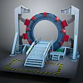 Cartoon Scene Featuring Circular Structure Metal Frames Staircase Platform And Caution Tape