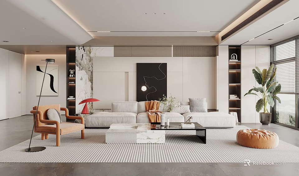 Modern Living Room Interior With Sofa Accent Chair Coffee Table Rug Bookshelves And Potted Plant 3d model 
