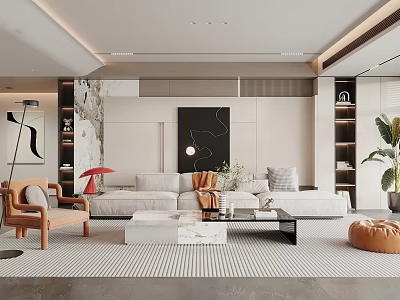 Modern Living Room Interior With Sofa Accent Chair Coffee Table Rug Bookshelves And Potted Plant 3d model