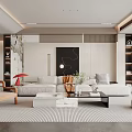 Modern Living Room Interior With Sofa Accent Chair Coffee Table Rug Bookshelves And Potted Plant