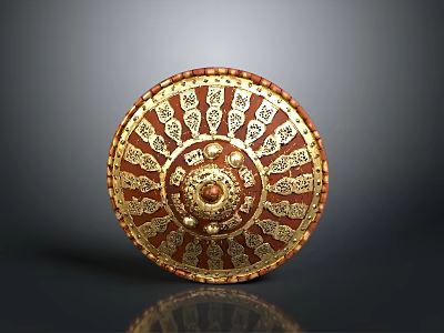 Ornate Round Shield With Red And Gold Intricate Carvings And Central Design 3d model