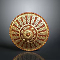 Ornate Round Shield With Red And Gold Intricate Carvings And Central Design