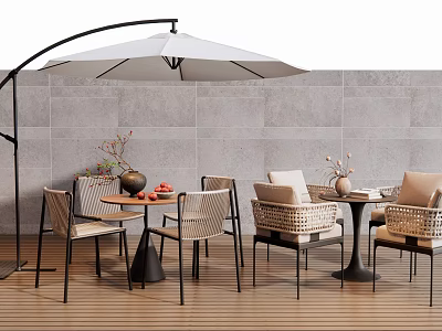 Outdoor Table with Chairs Patio Umbrella and Decorative Vase on Wooden Floor Against Gray Wall 3d model