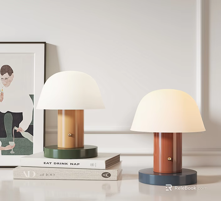 Two Modern Table Lamps With Beige Shades Brown Blue Bases On Stacked Books Minimalist Interior 3d model 