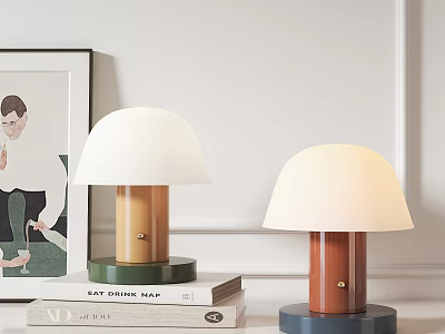 Two Modern Table Lamps With Beige Shades Brown Blue Bases On Stacked Books Minimalist Interior 3d model