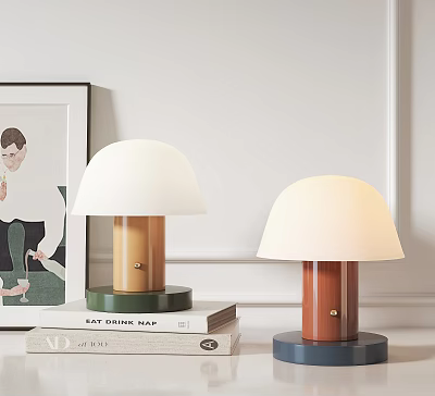 Two Modern Table Lamps With Beige Shades Brown Blue Bases On Stacked Books Minimalist Interior 3d model