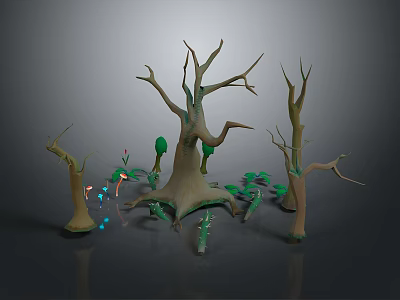 Dry Trees With Bare Branches And Small Green Plants Around Trunk Base 3d model