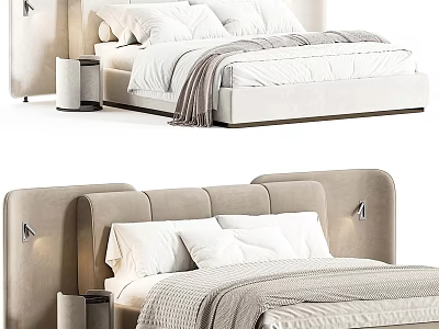 Modern Upholstered Double Bed With Soft Pillows Blanket And Sleek Nightstand 3d model