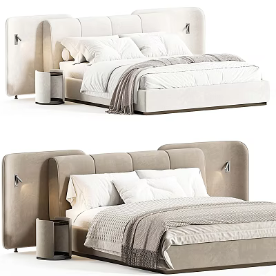 Modern Upholstered Double Bed With Soft Pillows Blanket And Sleek Nightstand 3d model