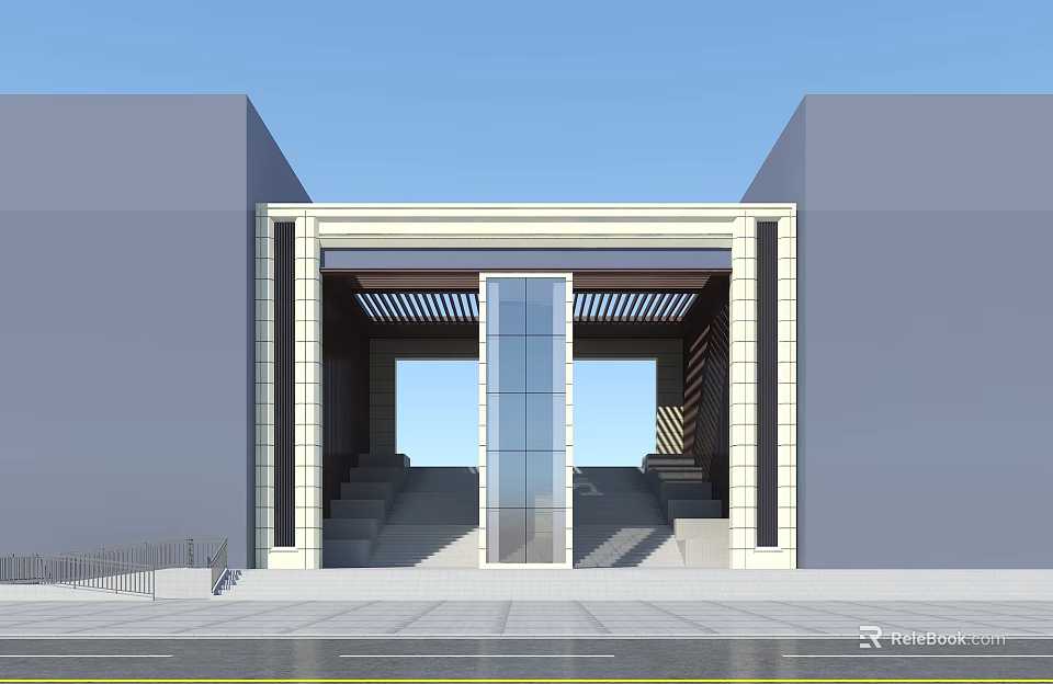 Modern Entrance Gate With Glass Structure And Stone Steps Between Gray Modern Buildings 3d model 