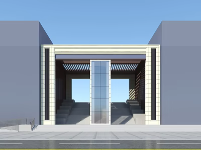 Modern Entrance Gate With Glass Structure And Stone Steps Between Gray Modern Buildings 3d model