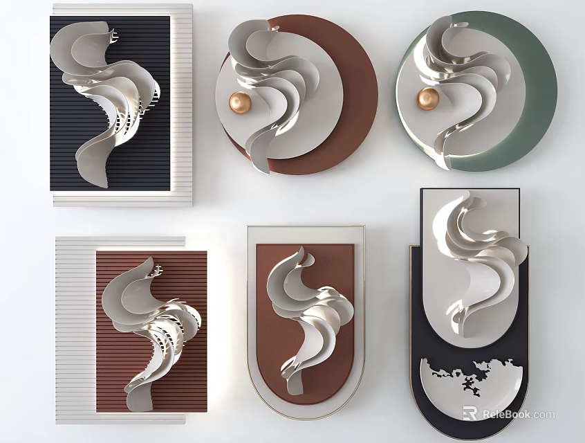 Modern Wall Decor With Abstract Curved Metal Designs And Contrasting Colors 3d model 