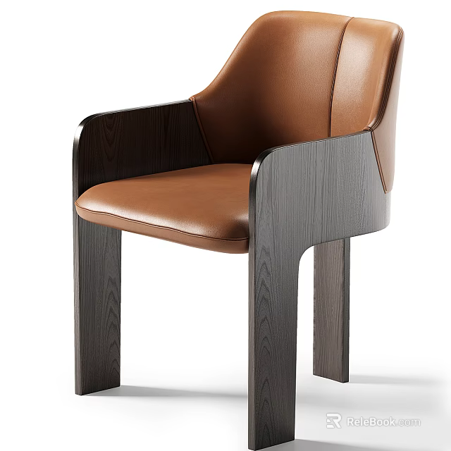 Modern Leisure Chair With Brown Leather Upholstery And Dark Wooden Frame Armrests 3d model 