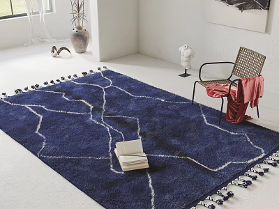 Blue Square Rug With White Patterned Lines And Tassels In Room With Chair And Books 3d model