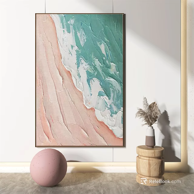 Beach Scene Wall Painting With Pink Sand Turquoise Waves And Decorative Vase 3d model 