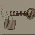 Wooden Hook Rack With Straw Hat Woven Tote Bag And Green Plant Branch