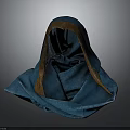 Blue Hooded Cloak With Brown Trim And Textured Folded Fabric Design