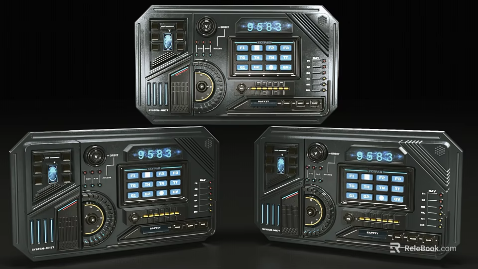 Three Black Futuristic Control Panels With Digital Screens Buttons And Dials 3d model 