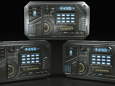 Three Black Futuristic Control Panels With Digital Screens Buttons And Dials 3d model