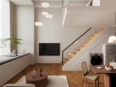 Loft Living Room With Modern Design And Staircase 3d model