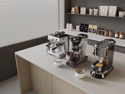 Various Modern Coffee Machines With Cups And Beans On Kitchen Countertop 3d model