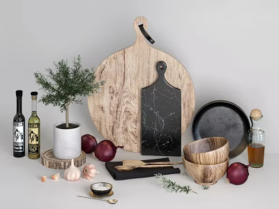 Rustic Wooden Kitchen Tools With Marble Cutting Board Fresh Herbs And Ingredients 3d model