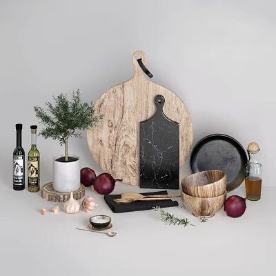 Rustic Wooden Kitchen Tools With Marble Cutting Board Fresh Herbs And Ingredients 3d model