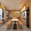 Modern Restaurant Interior Featuring Wooden Counter Tables Orange Stools And Menu Displays