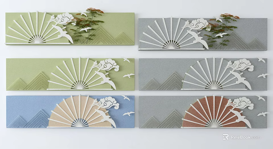 Fan Shaped Wall Decor With Cloud Patterns Flying Birds And Various Colored Backgrounds 3d model