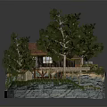 Cartoon Scene Featuring Cozy Cabin Tall Trees Wooden Bridge Stream And Yellow Car