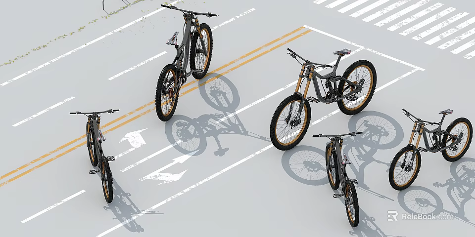 Multiple Mountain Bicycles Parked On Road With Yellow Double Lines And White Arrows 3d model 