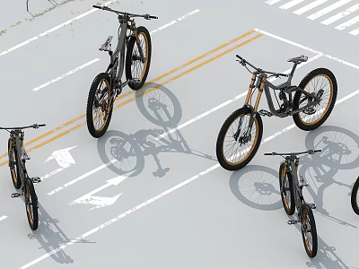 Multiple Mountain Bicycles Parked On Road With Yellow Double Lines And White Arrows 3d model