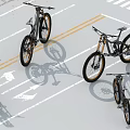 Multiple Mountain Bicycles Parked On Road With Yellow Double Lines And White Arrows 3d model