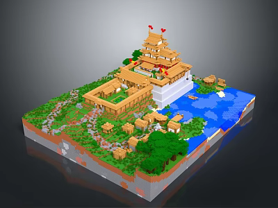 Pixel Art Scenery With Traditional Pagoda Green Trees Blue Lake And Boats 3d model