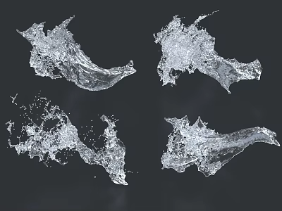 Artistic Transparent Water Splash Sculptures in Various Forms Against Dark Background 3d model