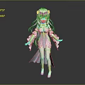 Anime Style Game Character With Pink White Long Hair Yellow Eyes And Blue White Outfit