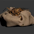 Open Natural Burlap Bag Filled With Loose Dry Straw On Dark Background