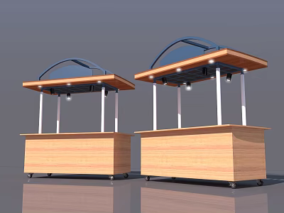 Mobile Vendor Stalls With Wooden Structure Arched Blue Canopy Lights And Wheels 3d model