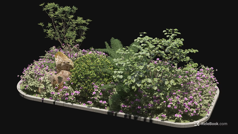 Lush Garden Display With Purple Flowers Green Shrubs Ferns And Stones 3d model 