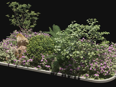 Lush Garden Display With Purple Flowers Green Shrubs Ferns And Stones 3d model