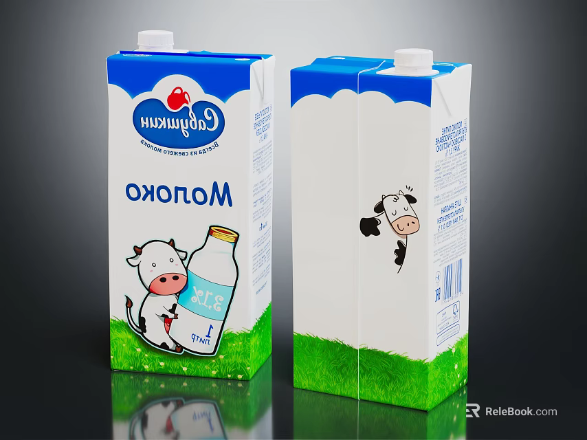 Milk Beverage Cartons With Cartoon Cow Design Blue White Packaging And Green Grass Base 3d model 
