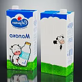 Milk Beverage Cartons With Cartoon Cow Design Blue White Packaging And Green Grass Base