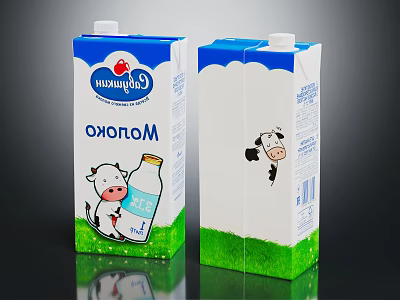 Milk Beverage Cartons With Cartoon Cow Design Blue White Packaging And Green Grass Base 3d model