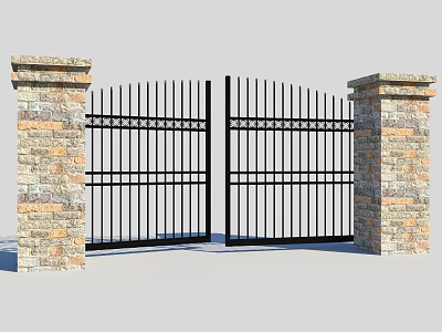 Classic Entrance Gate Design With Black Iron Fence And Stone Pillars 3d model