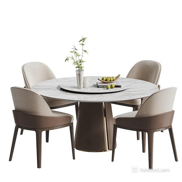 Modern Marble Dining Table And Beige Chairs With Potted Plant Fresh Fruits And Books 3d model 